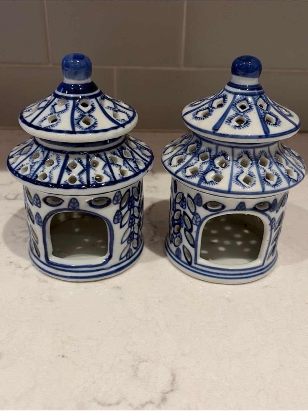 Set of 2 Vintage Nantucket Blue&White Tea Light Holder Chinoiserie Theme